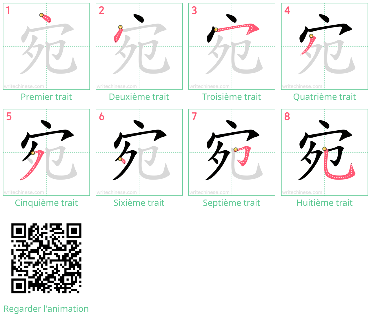 Diagrammes d'ordre des traits étape par étape pour le caractère 宛