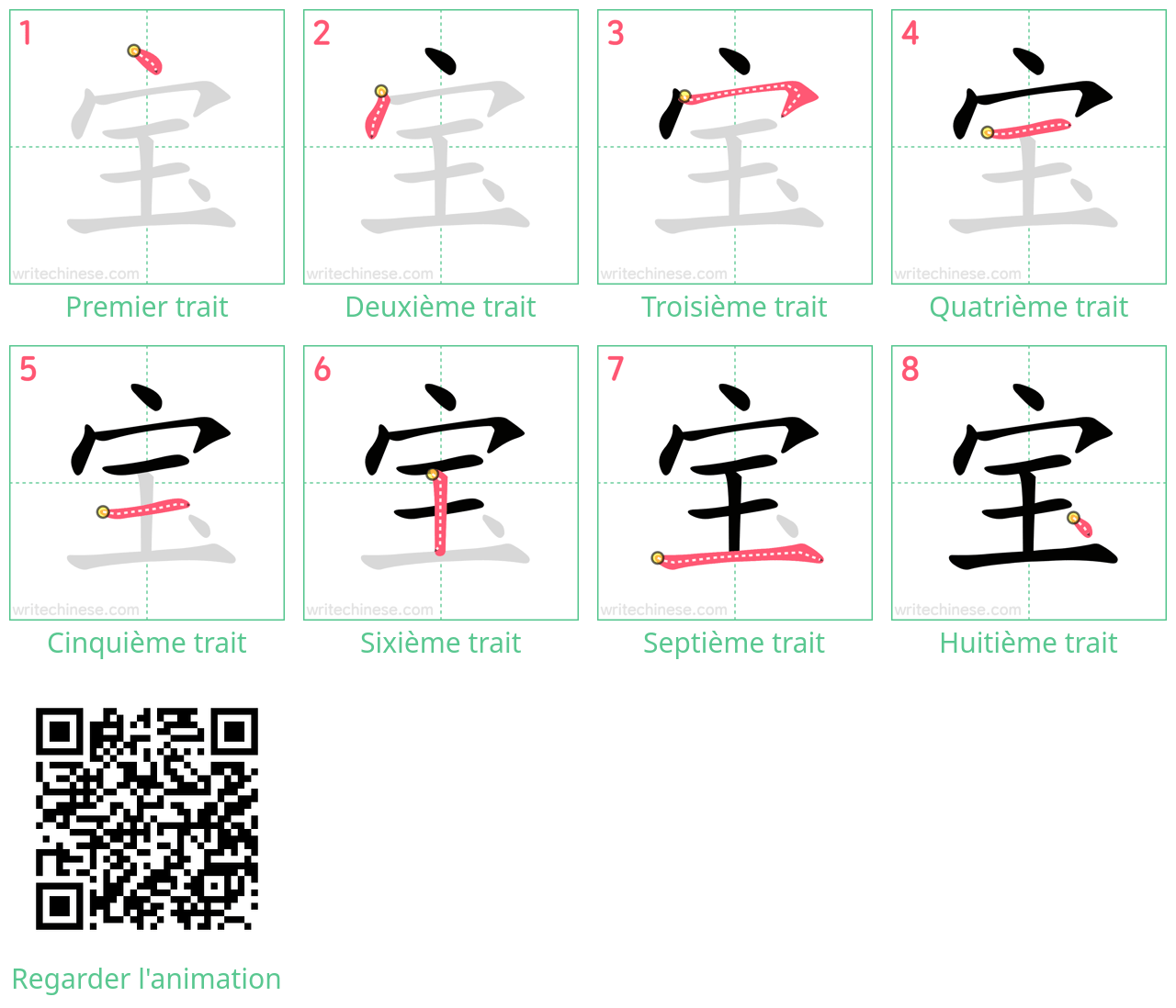 Diagrammes d'ordre des traits étape par étape pour le caractère 宝