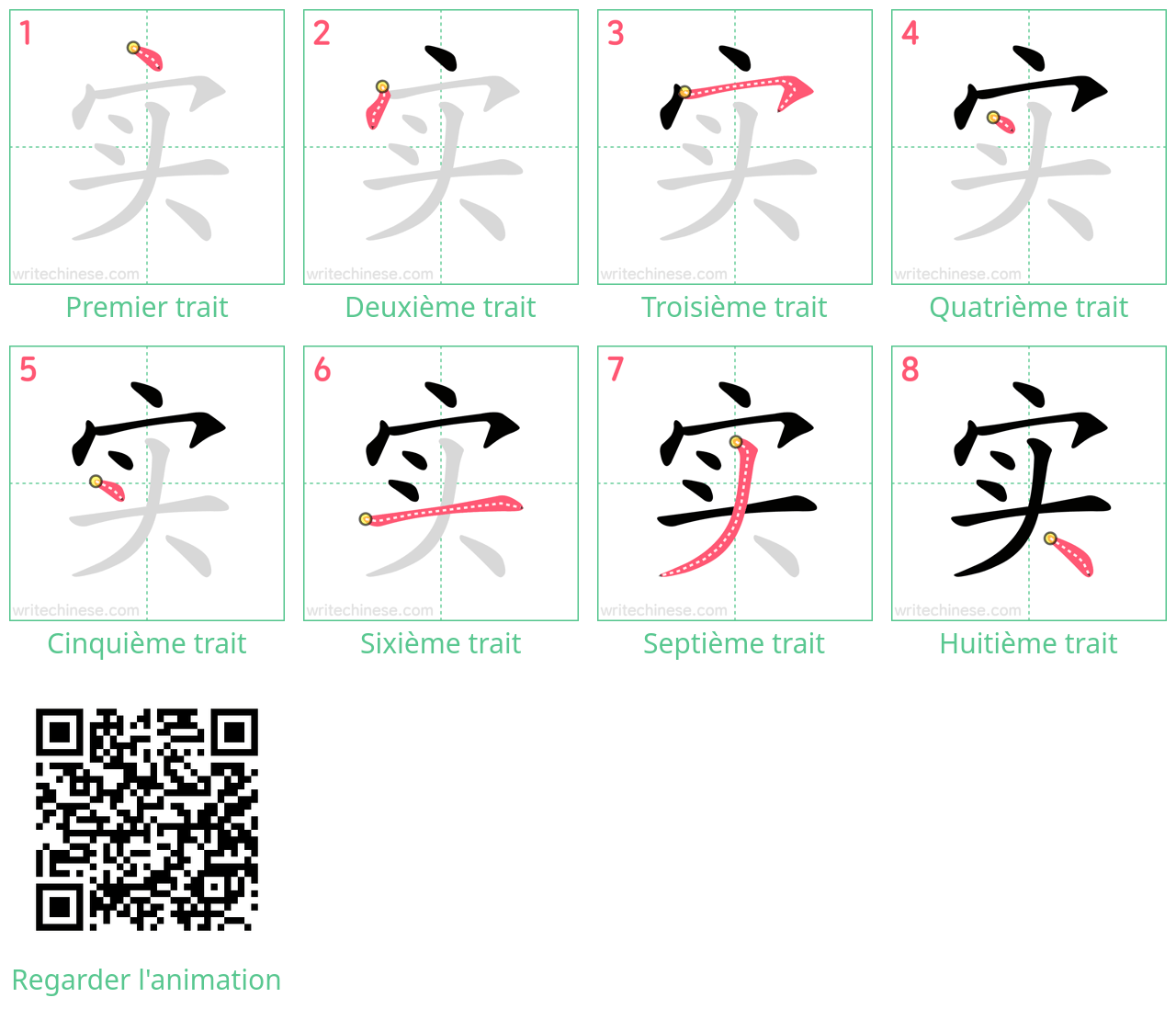 Diagrammes d'ordre des traits étape par étape pour le caractère 实