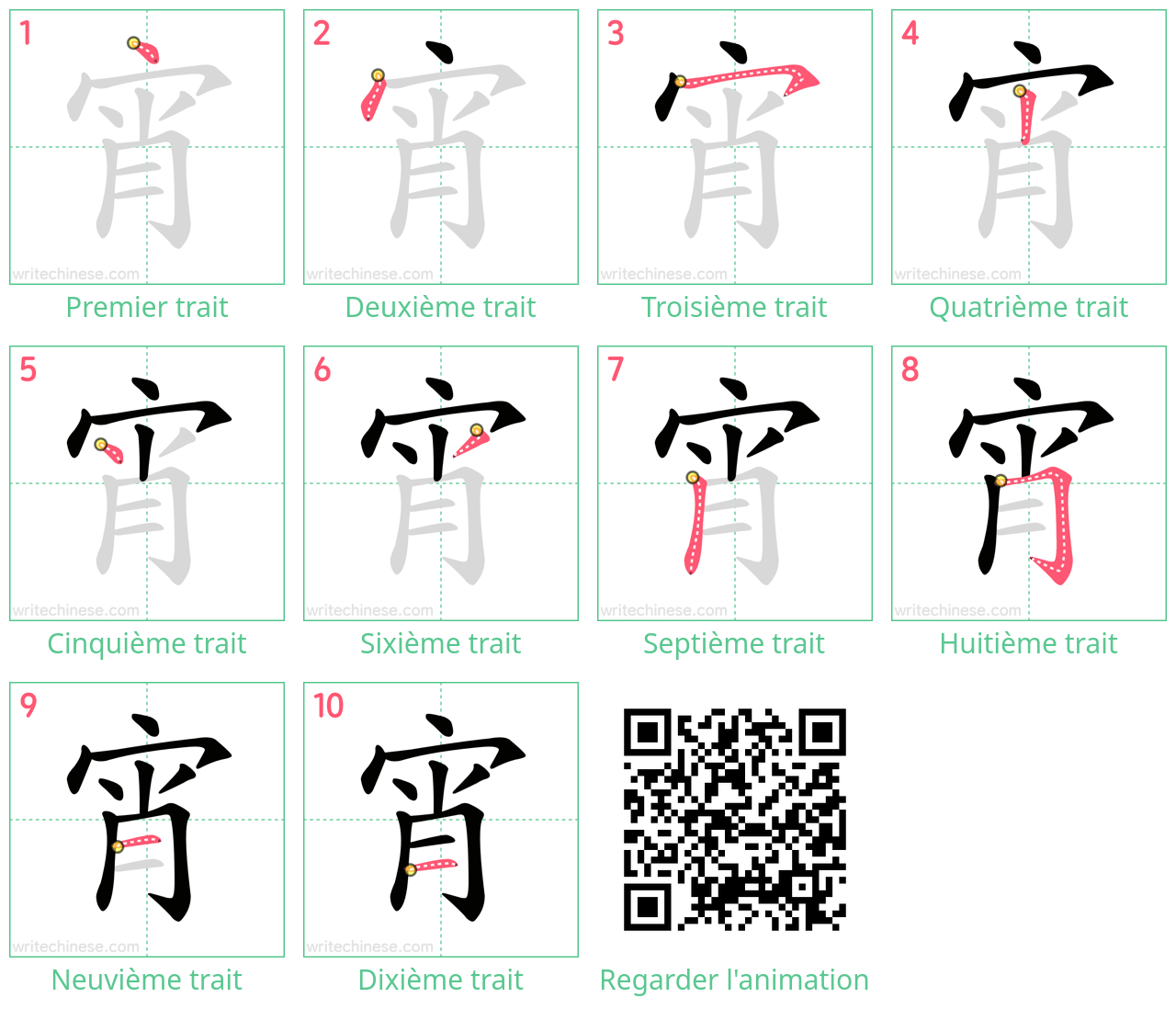 Diagrammes d'ordre des traits étape par étape pour le caractère 宵