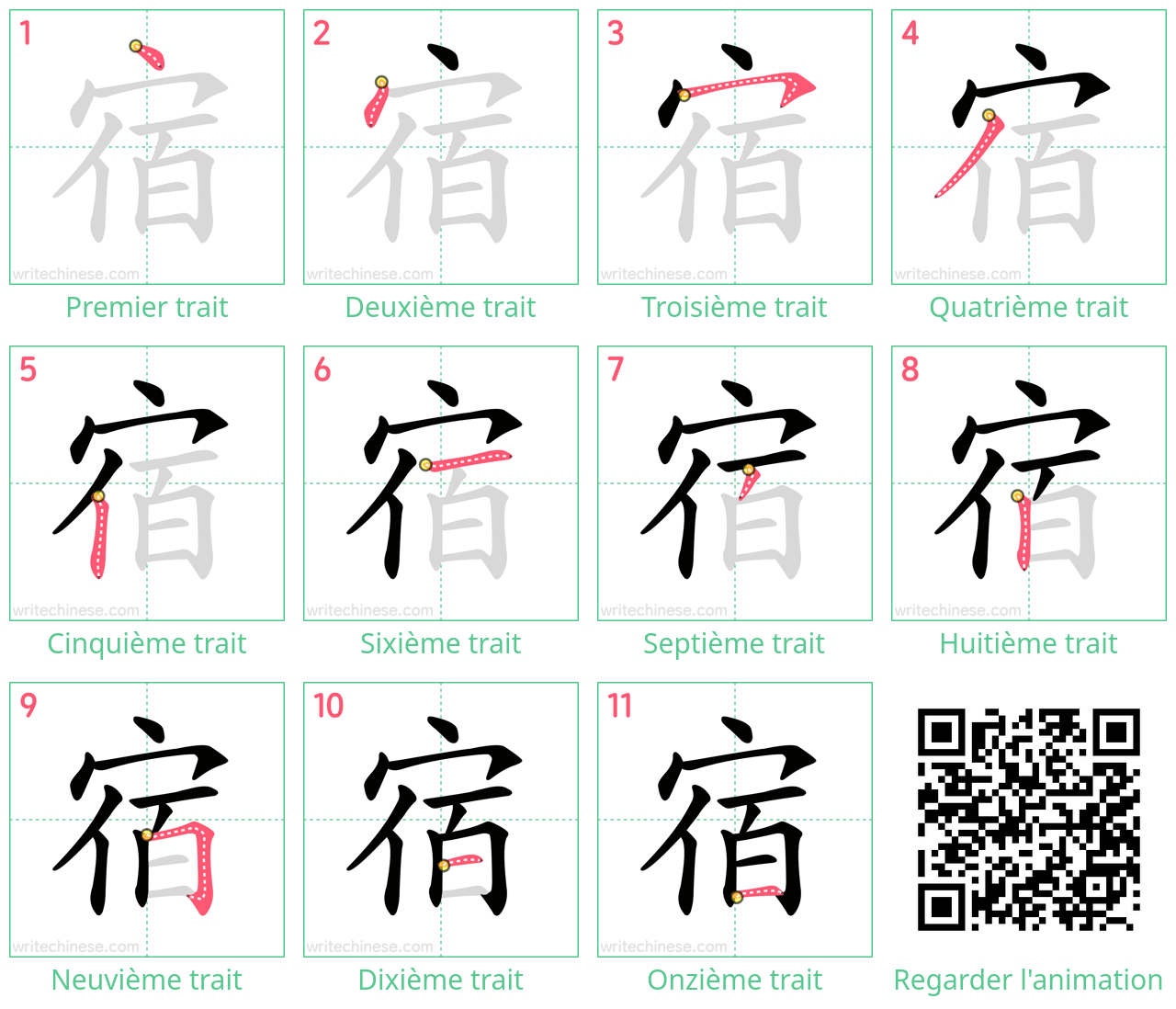 Diagrammes d'ordre des traits étape par étape pour le caractère 宿
