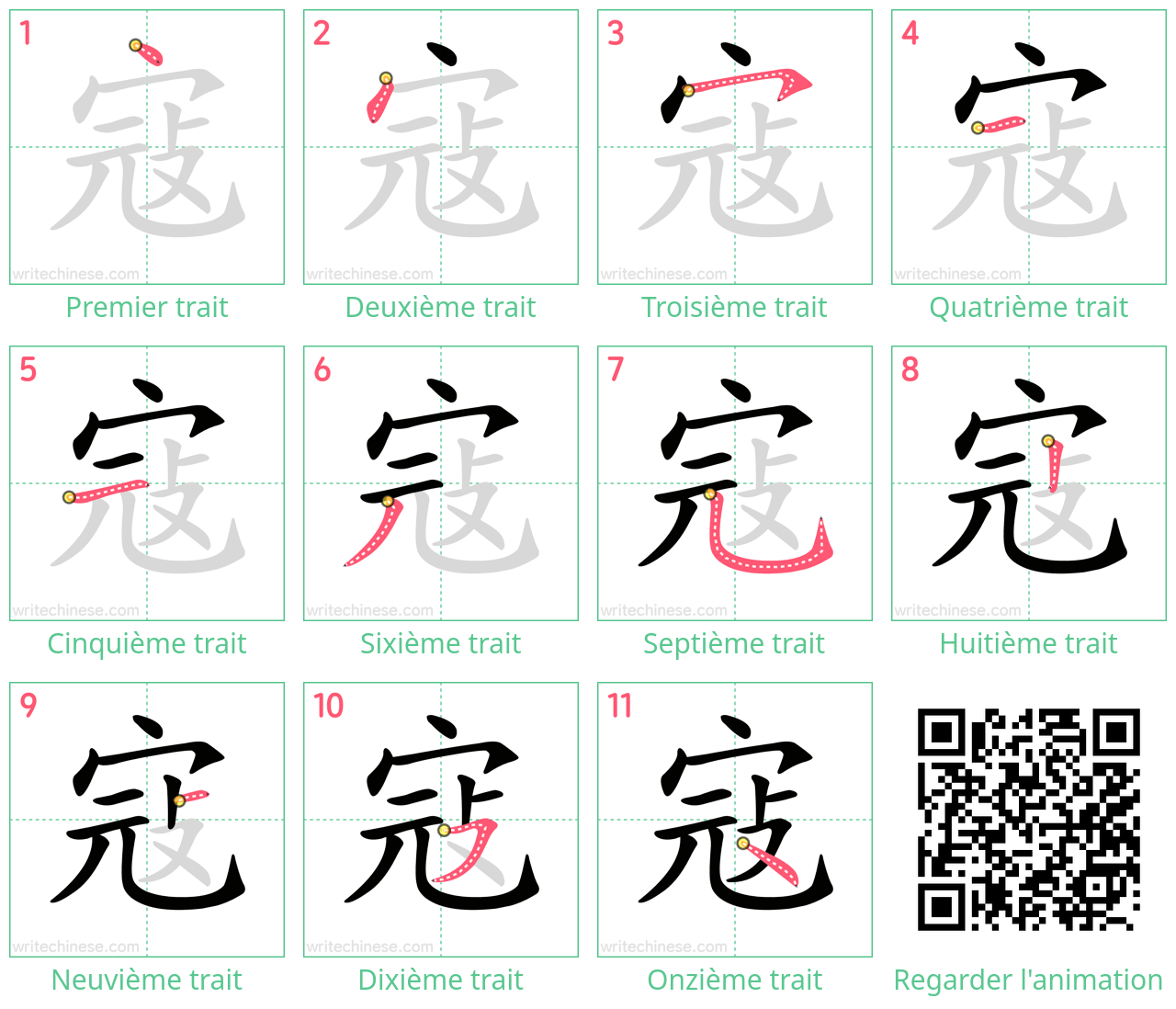 Diagrammes d'ordre des traits étape par étape pour le caractère 寇