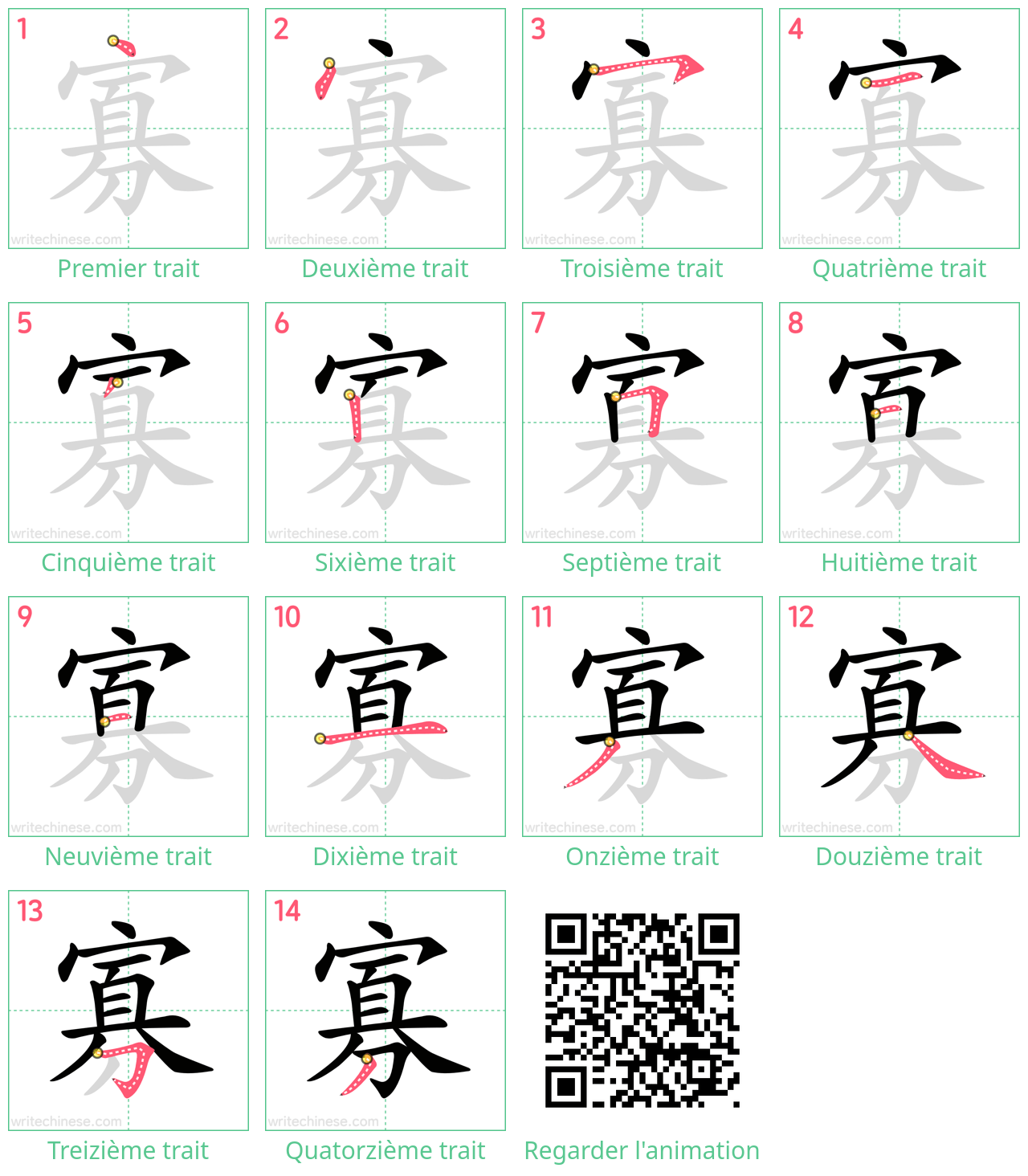 Diagrammes d'ordre des traits étape par étape pour le caractère 寡