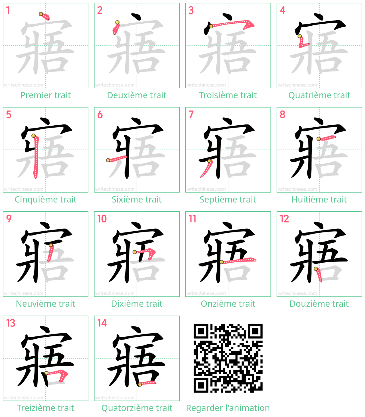 Diagrammes d'ordre des traits étape par étape pour le caractère 寤