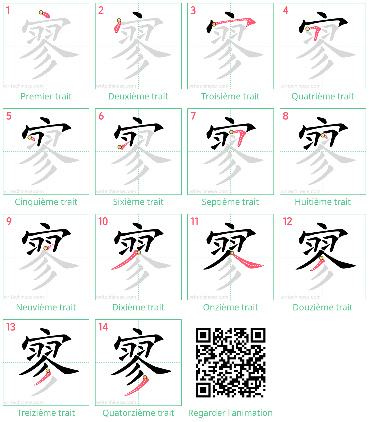 Diagrammes d'ordre des traits étape par étape pour le caractère 寥