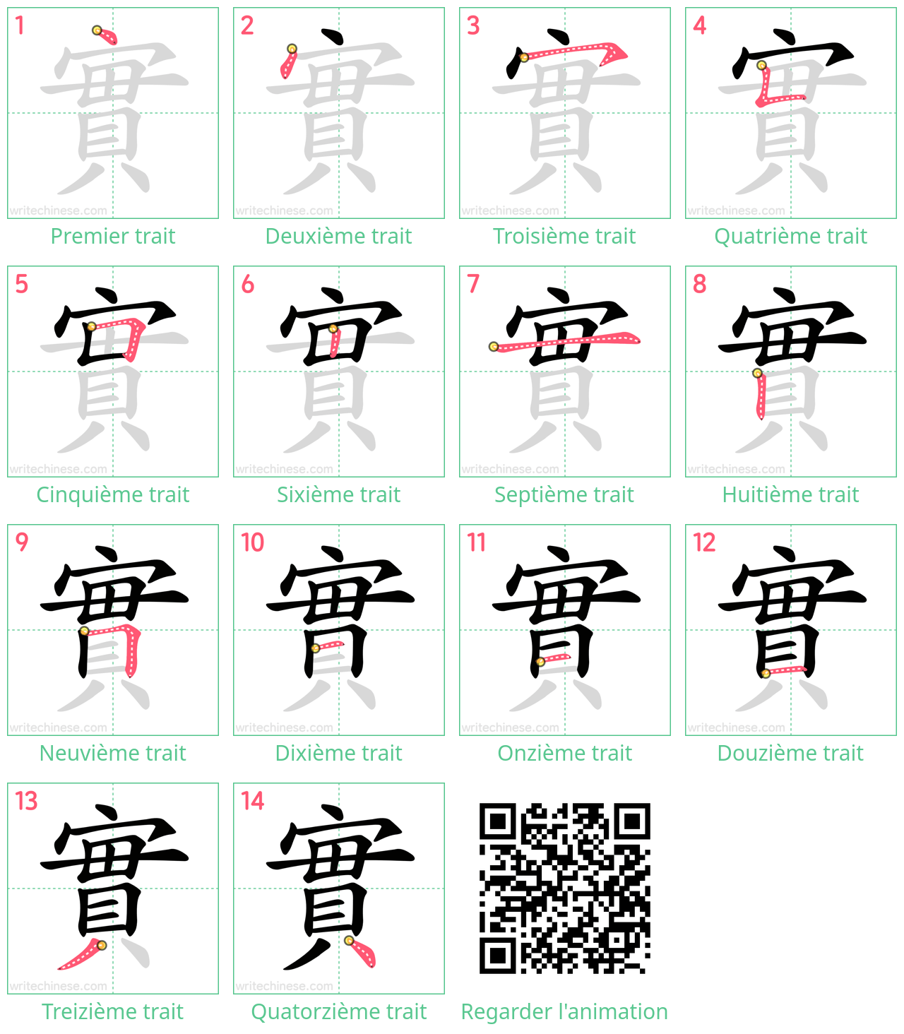 Diagrammes d'ordre des traits étape par étape pour le caractère 實