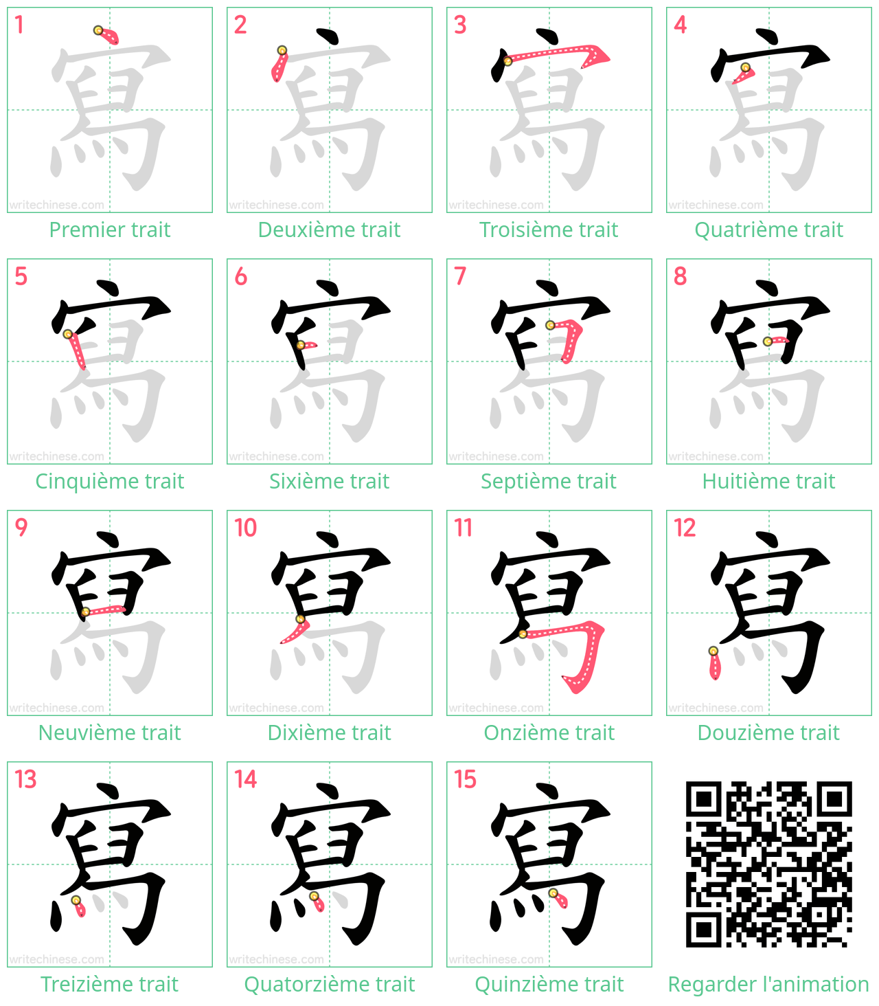 Diagrammes d'ordre des traits étape par étape pour le caractère 寫