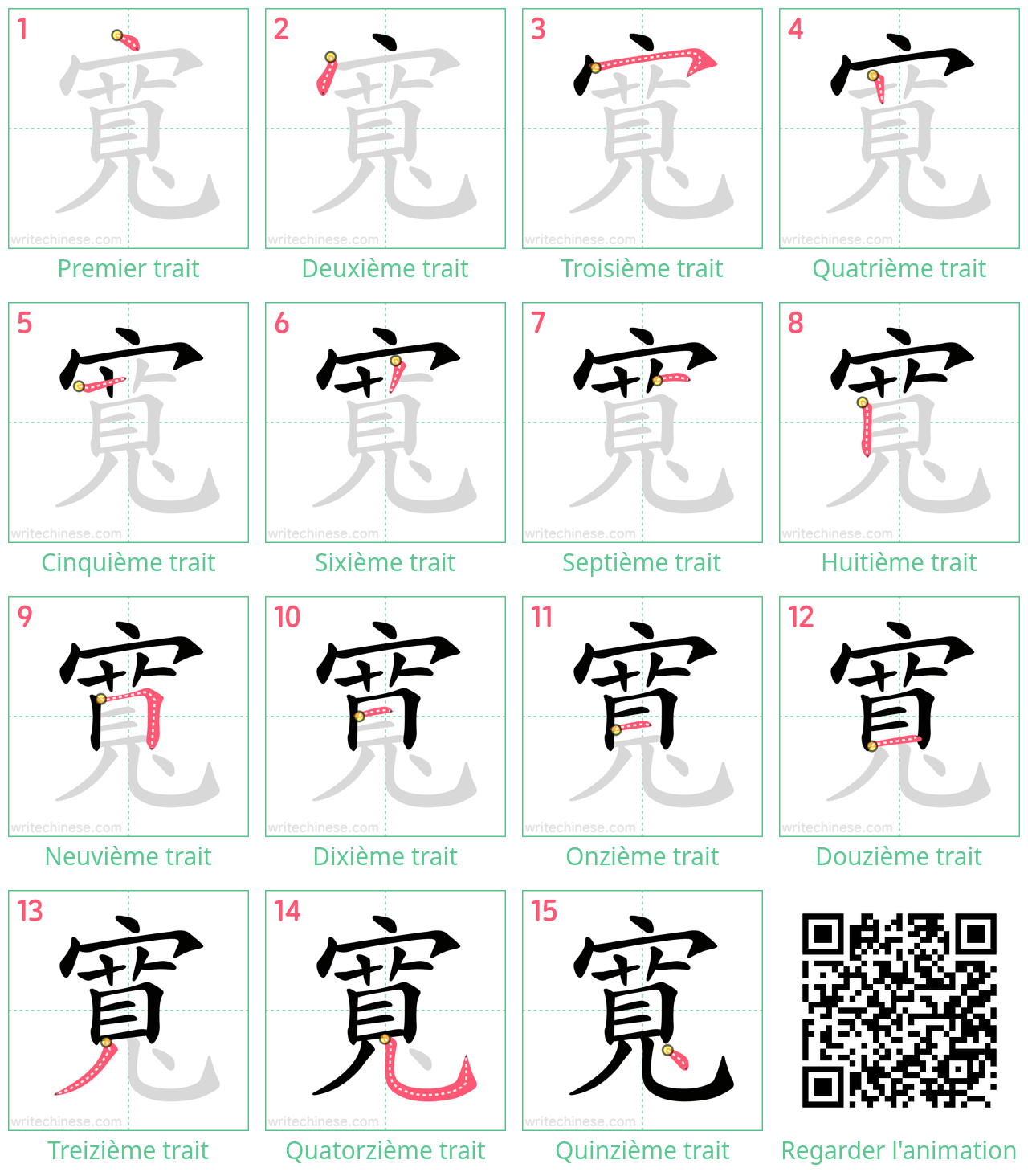 Diagrammes d'ordre des traits étape par étape pour le caractère 寬
