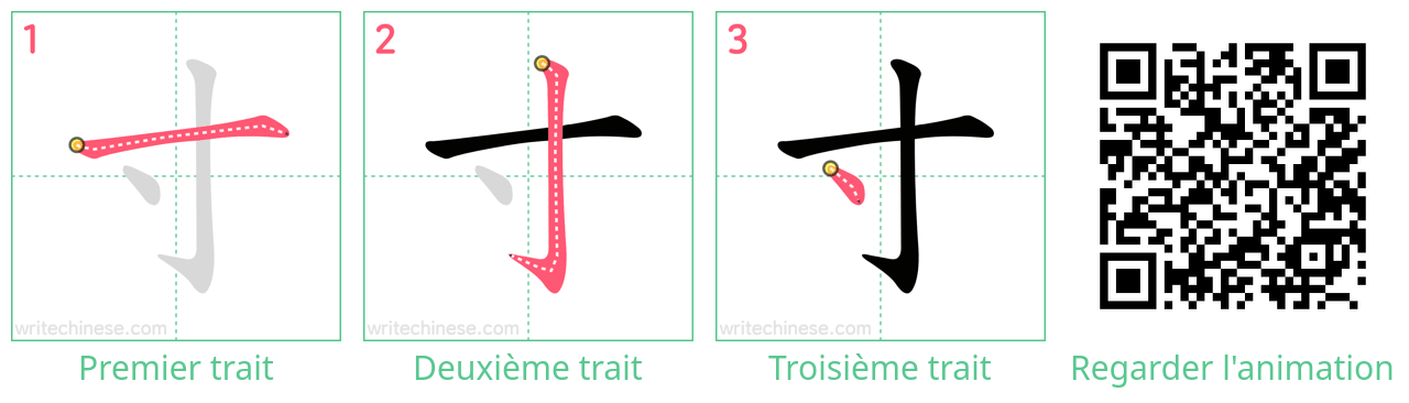 Diagrammes d'ordre des traits étape par étape pour le caractère 寸