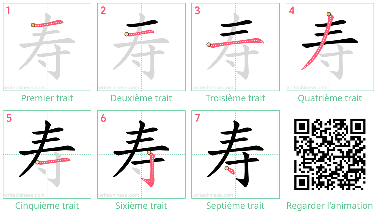 Diagrammes d'ordre des traits étape par étape pour le caractère 寿