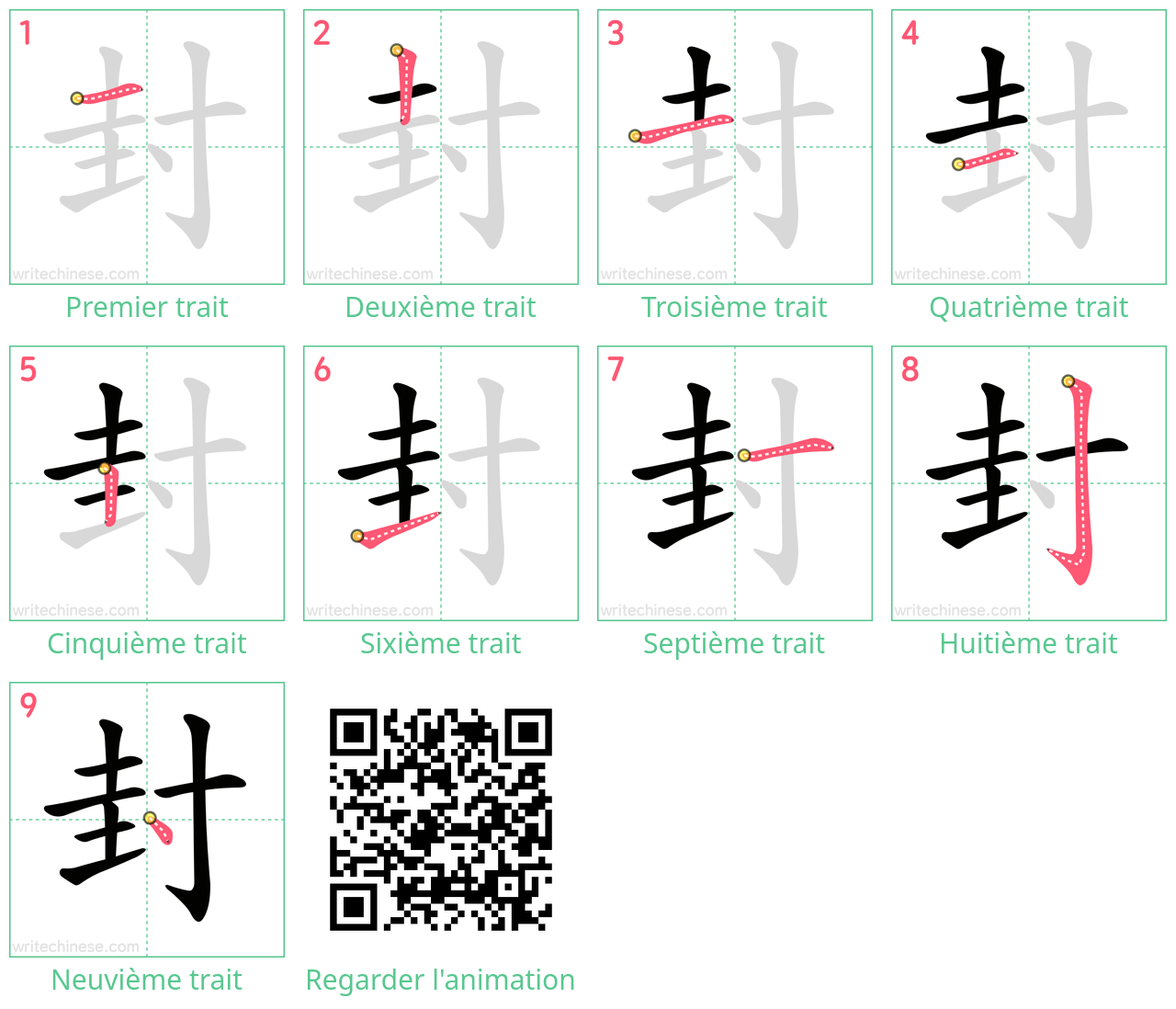 Diagrammes d'ordre des traits étape par étape pour le caractère 封