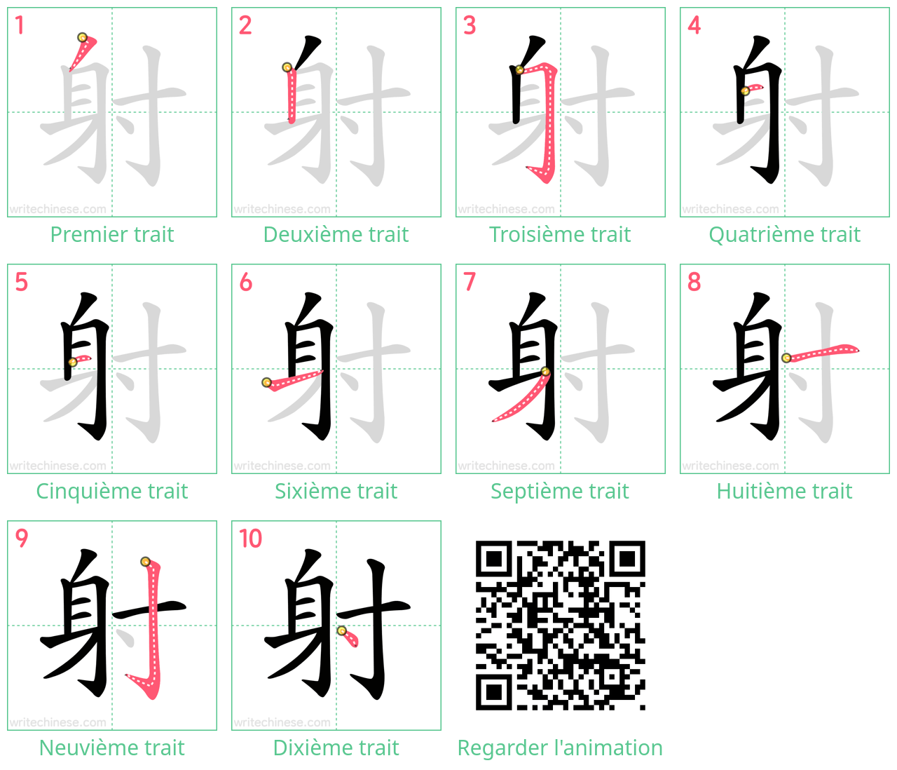 Diagrammes d'ordre des traits étape par étape pour le caractère 射