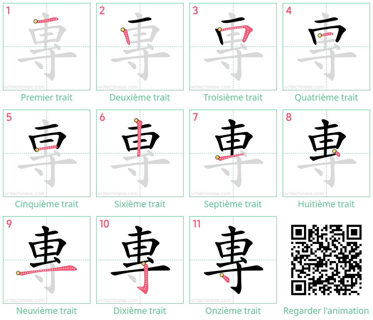 Diagrammes d'ordre des traits étape par étape pour le caractère 專