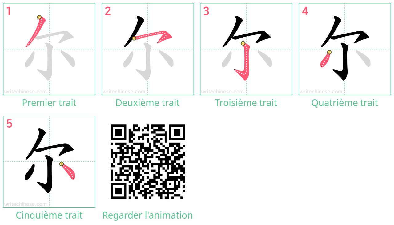 Diagrammes d'ordre des traits étape par étape pour le caractère 尔