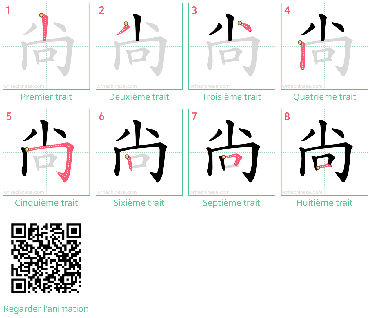 Diagrammes d'ordre des traits étape par étape pour le caractère 尙