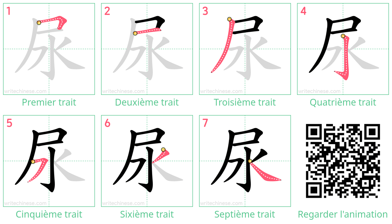 Diagrammes d'ordre des traits étape par étape pour le caractère 尿