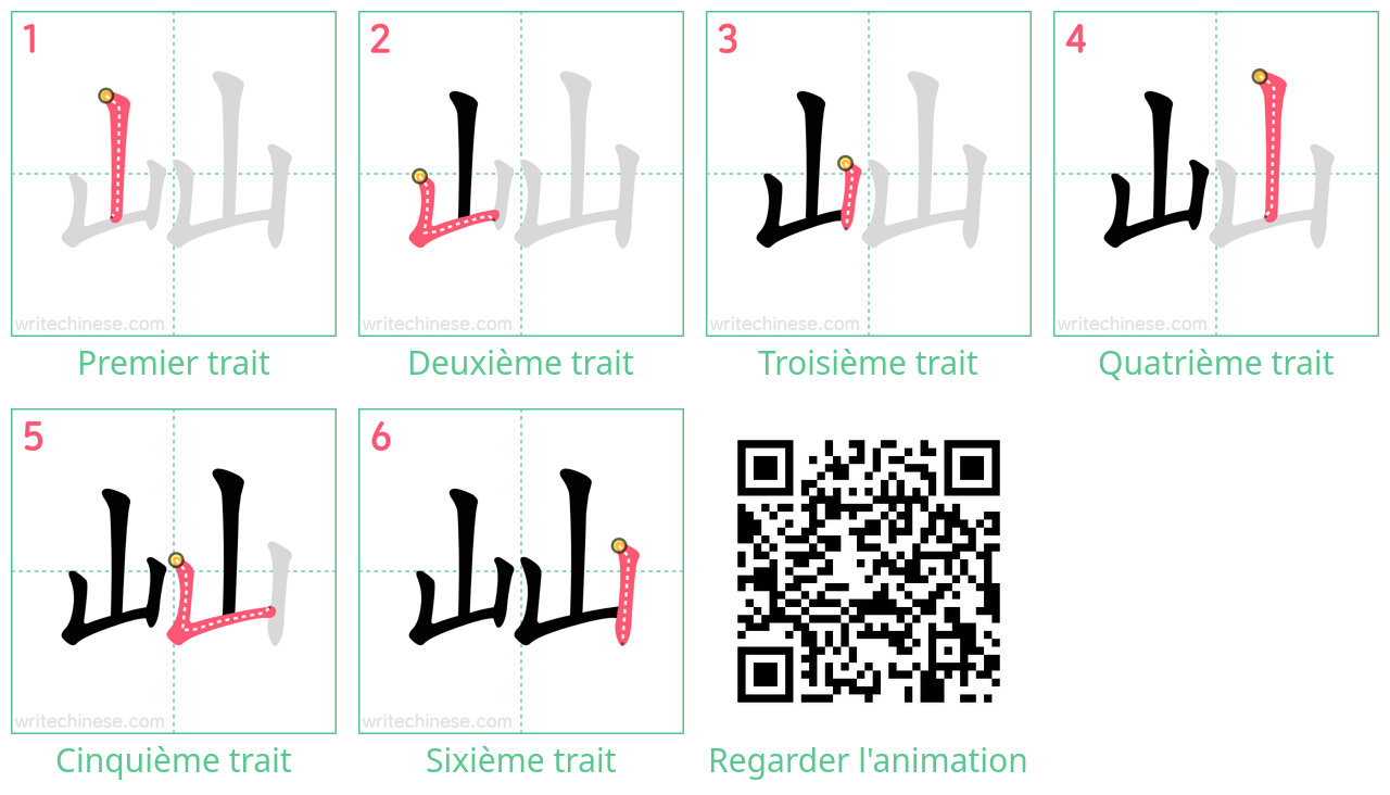 Diagrammes d'ordre des traits étape par étape pour le caractère 屾