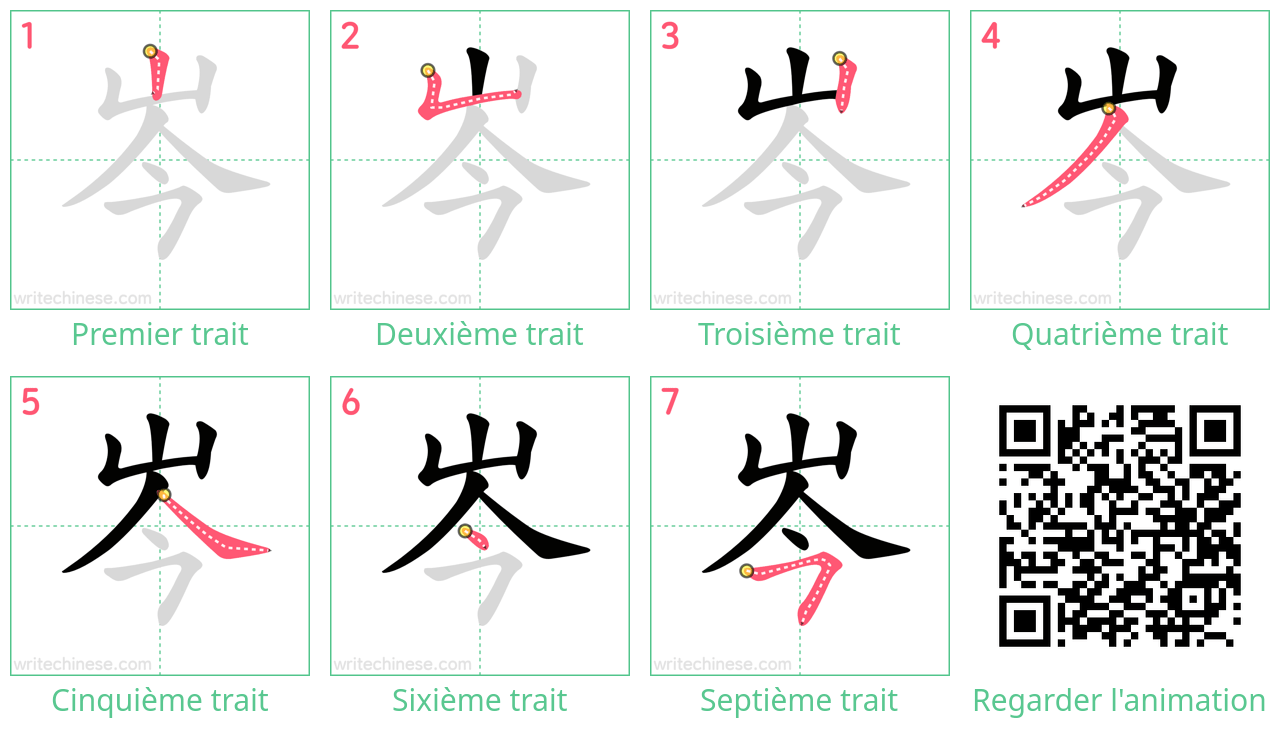 Diagrammes d'ordre des traits étape par étape pour le caractère 岑