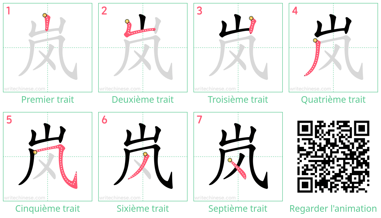 Diagrammes d'ordre des traits étape par étape pour le caractère 岚
