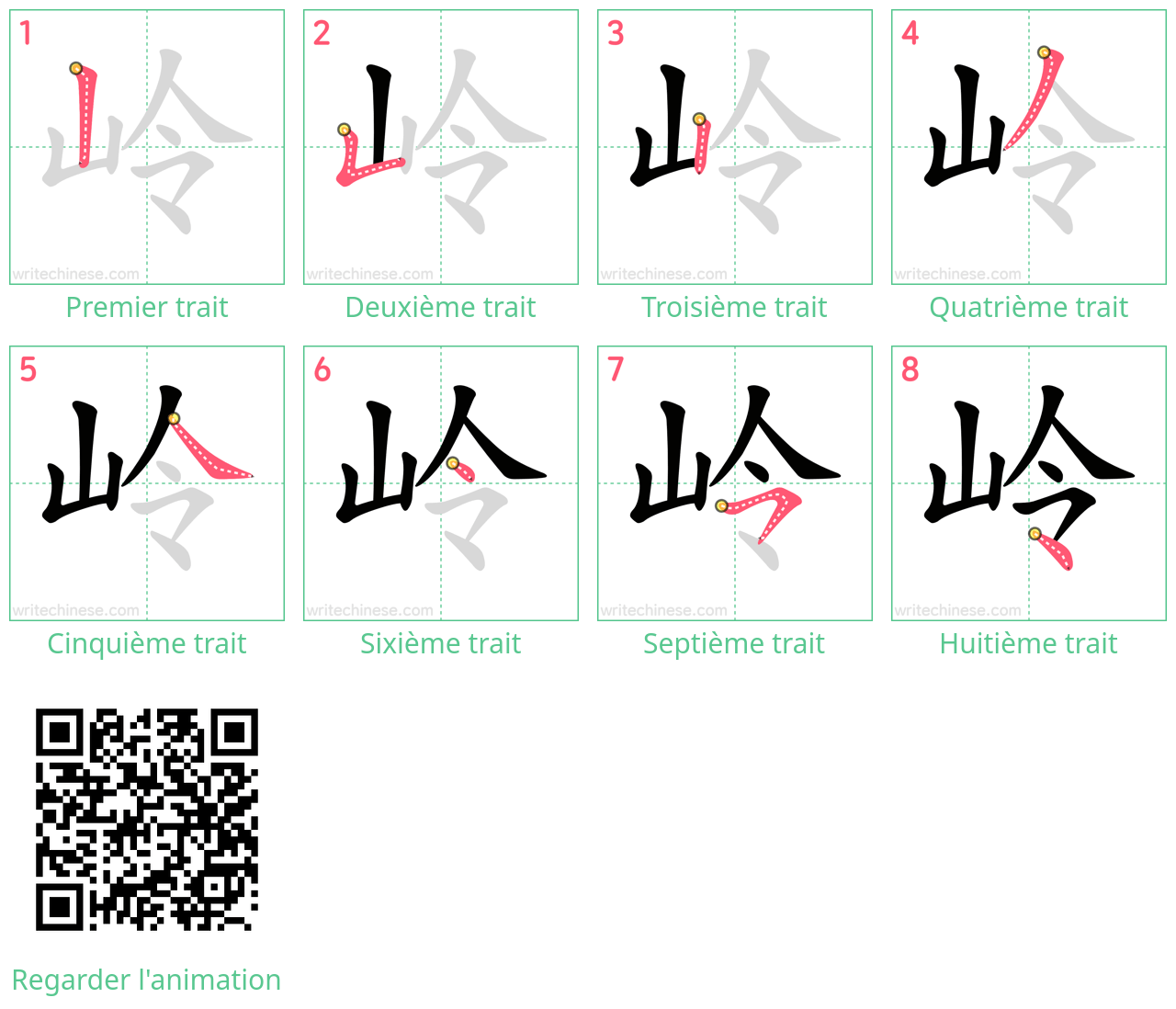 Diagrammes d'ordre des traits étape par étape pour le caractère 岭