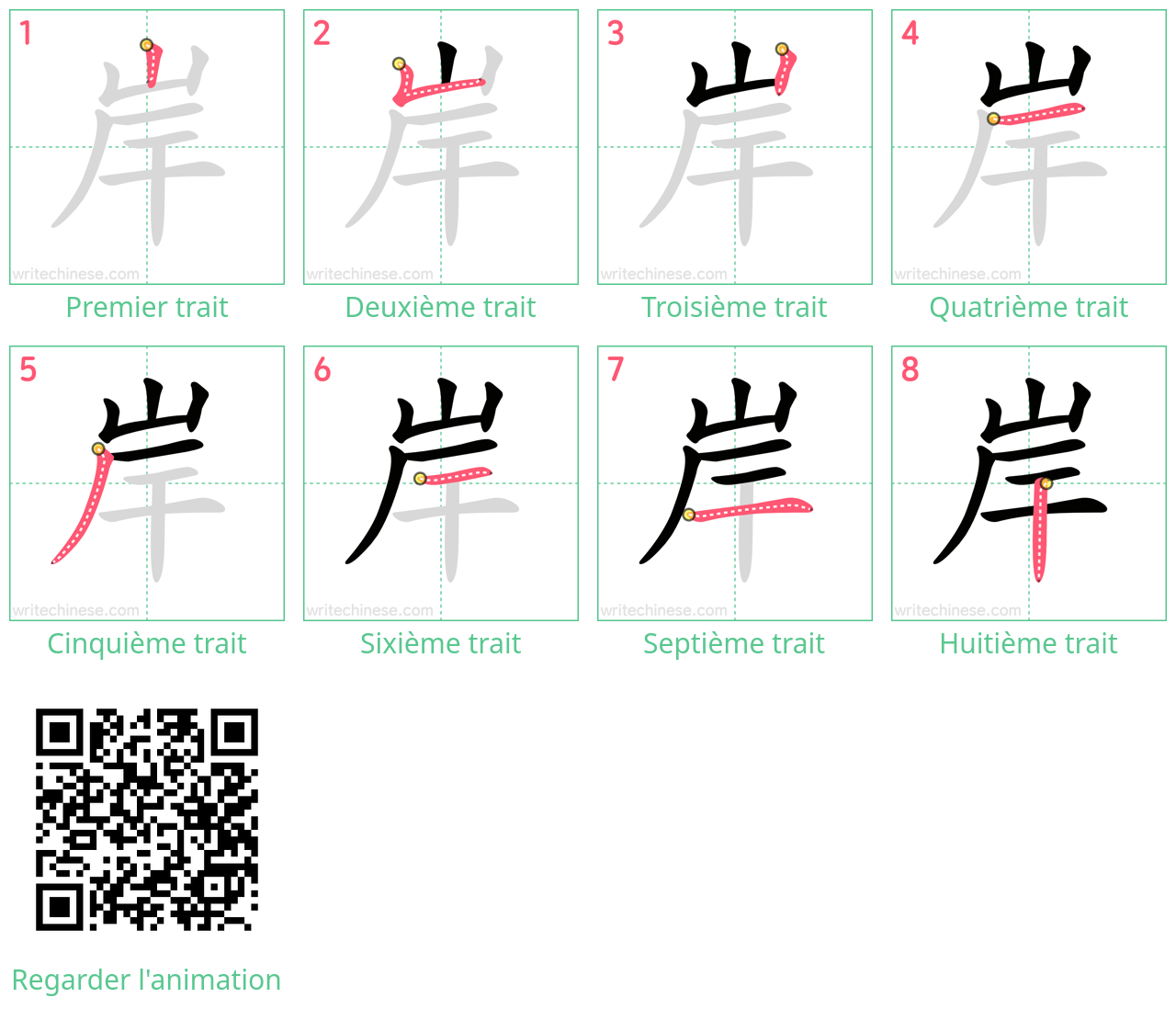 Diagrammes d'ordre des traits étape par étape pour le caractère 岸