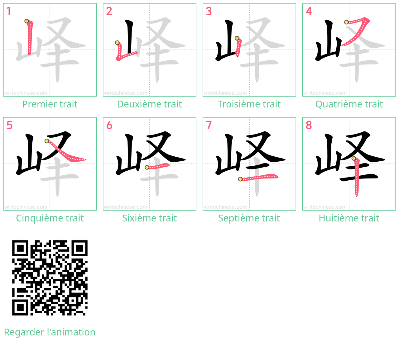 Diagrammes d'ordre des traits étape par étape pour le caractère 峄