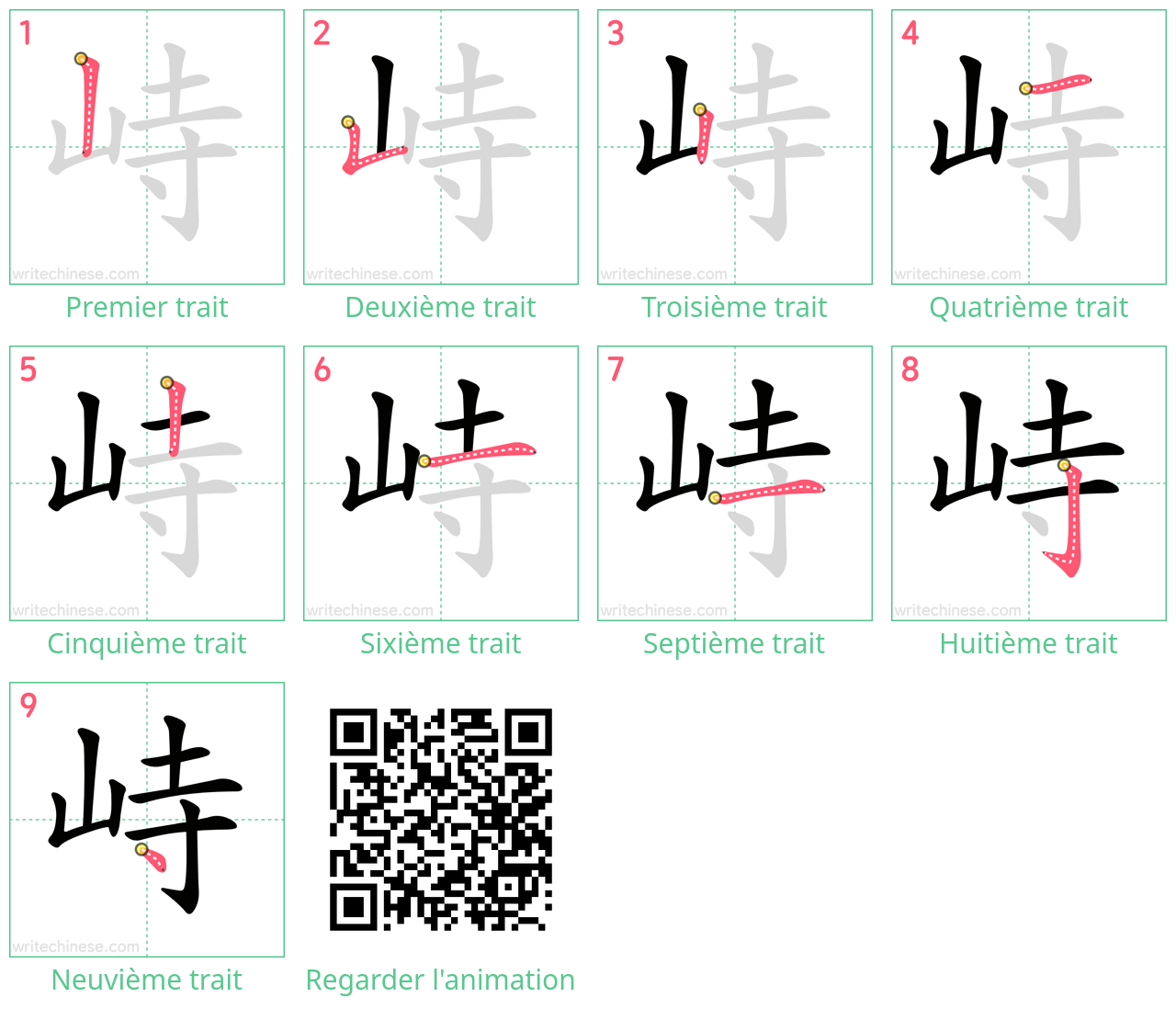 Diagrammes d'ordre des traits étape par étape pour le caractère 峙