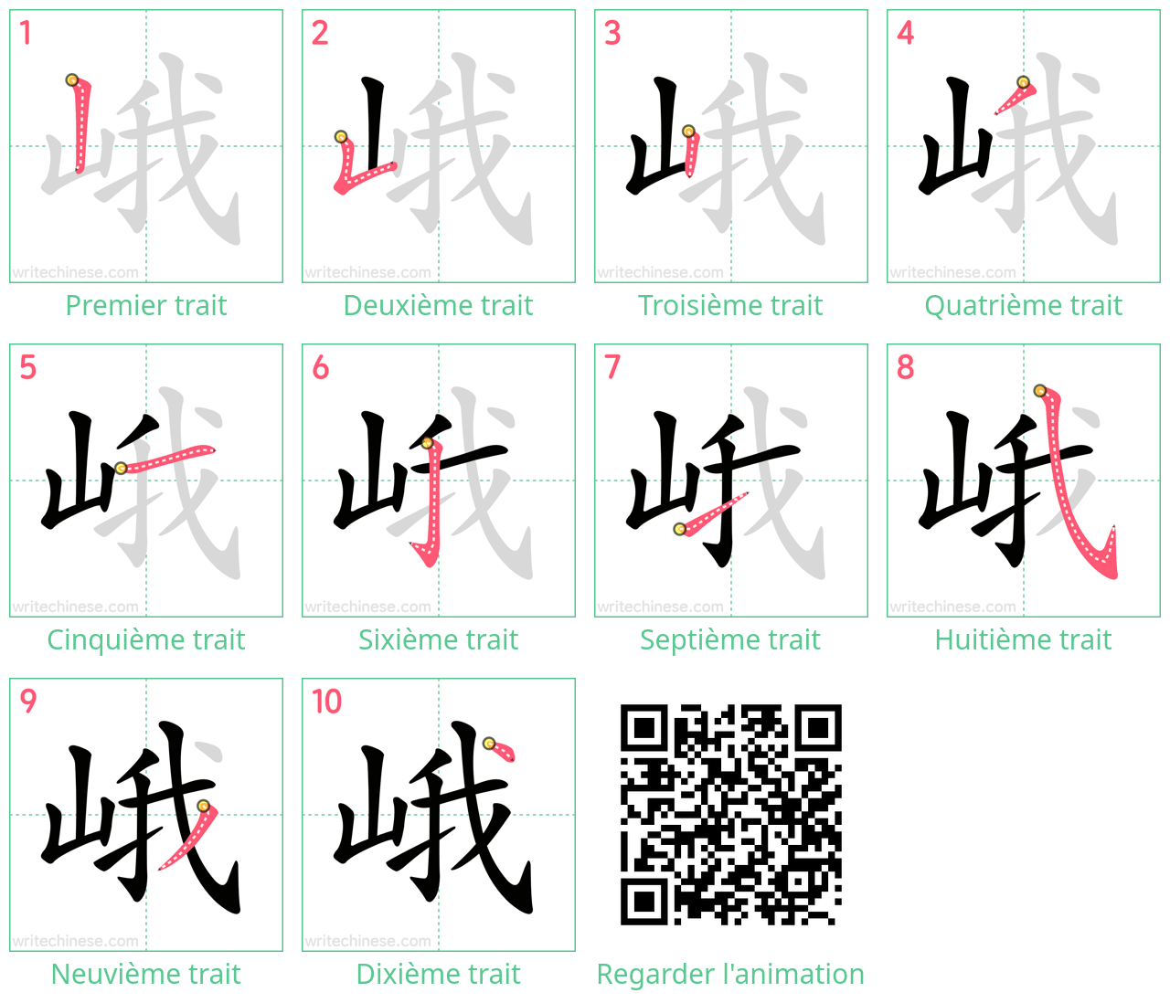 Diagrammes d'ordre des traits étape par étape pour le caractère 峨