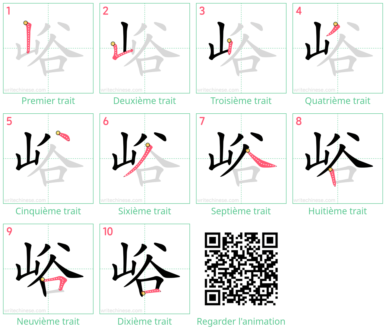 Diagrammes d'ordre des traits étape par étape pour le caractère 峪