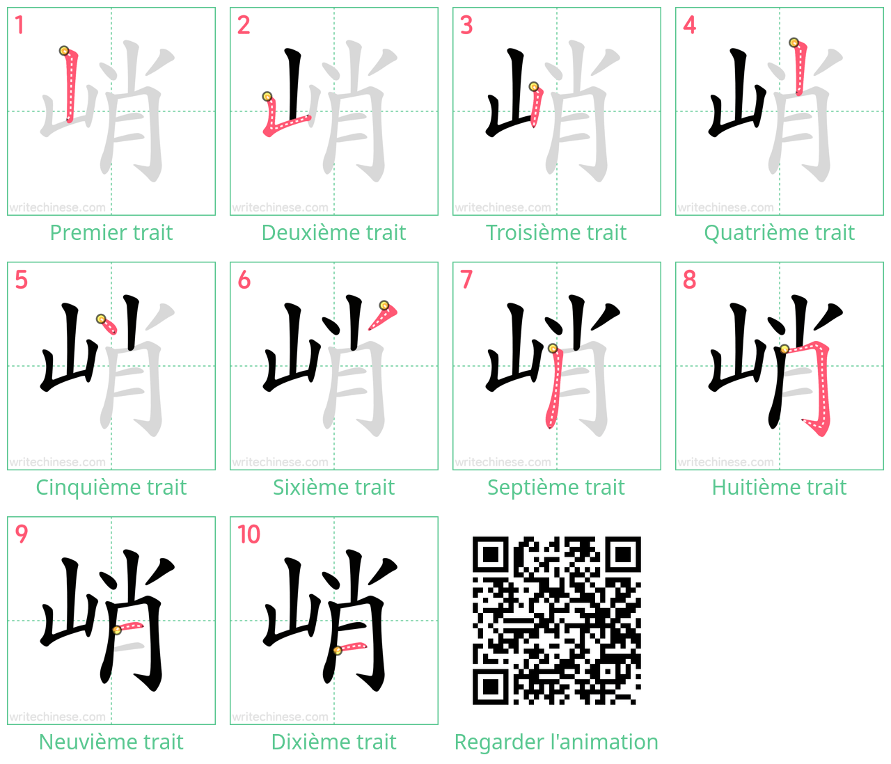 Diagrammes d'ordre des traits étape par étape pour le caractère 峭