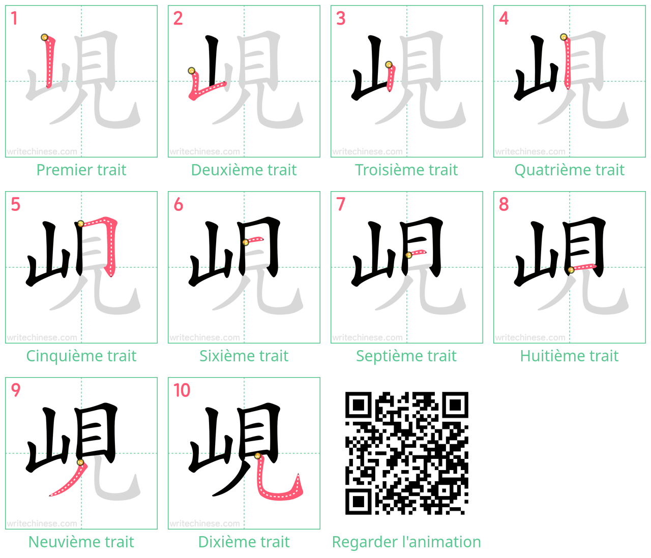 Diagrammes d'ordre des traits étape par étape pour le caractère 峴