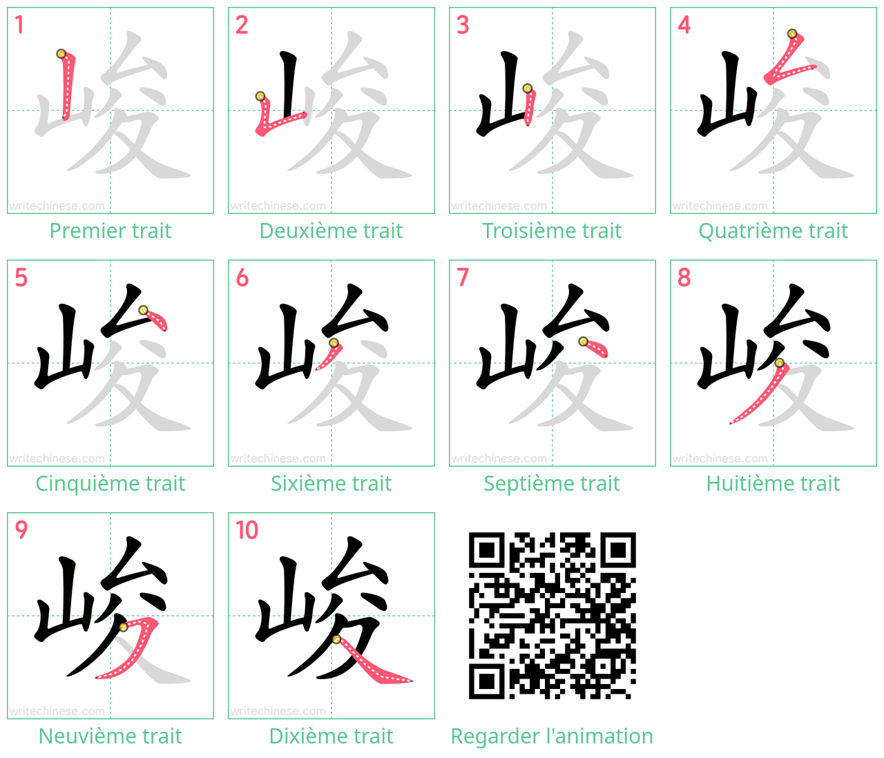 Diagrammes d'ordre des traits étape par étape pour le caractère 峻