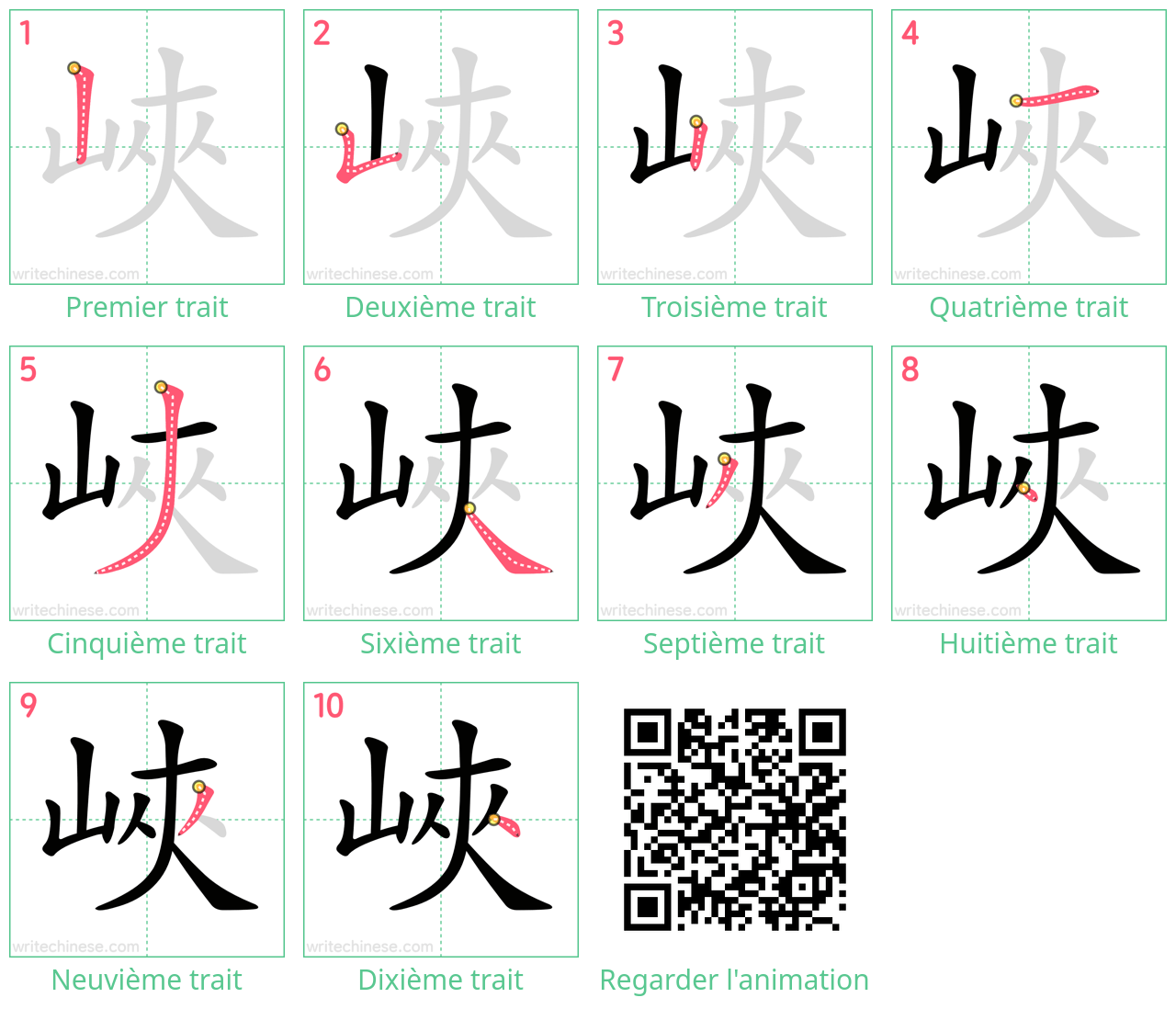 Diagrammes d'ordre des traits étape par étape pour le caractère 峽