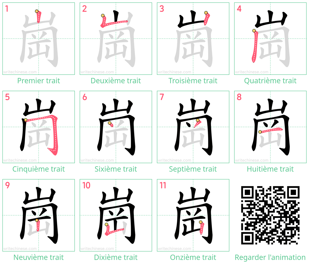 Diagrammes d'ordre des traits étape par étape pour le caractère 崗