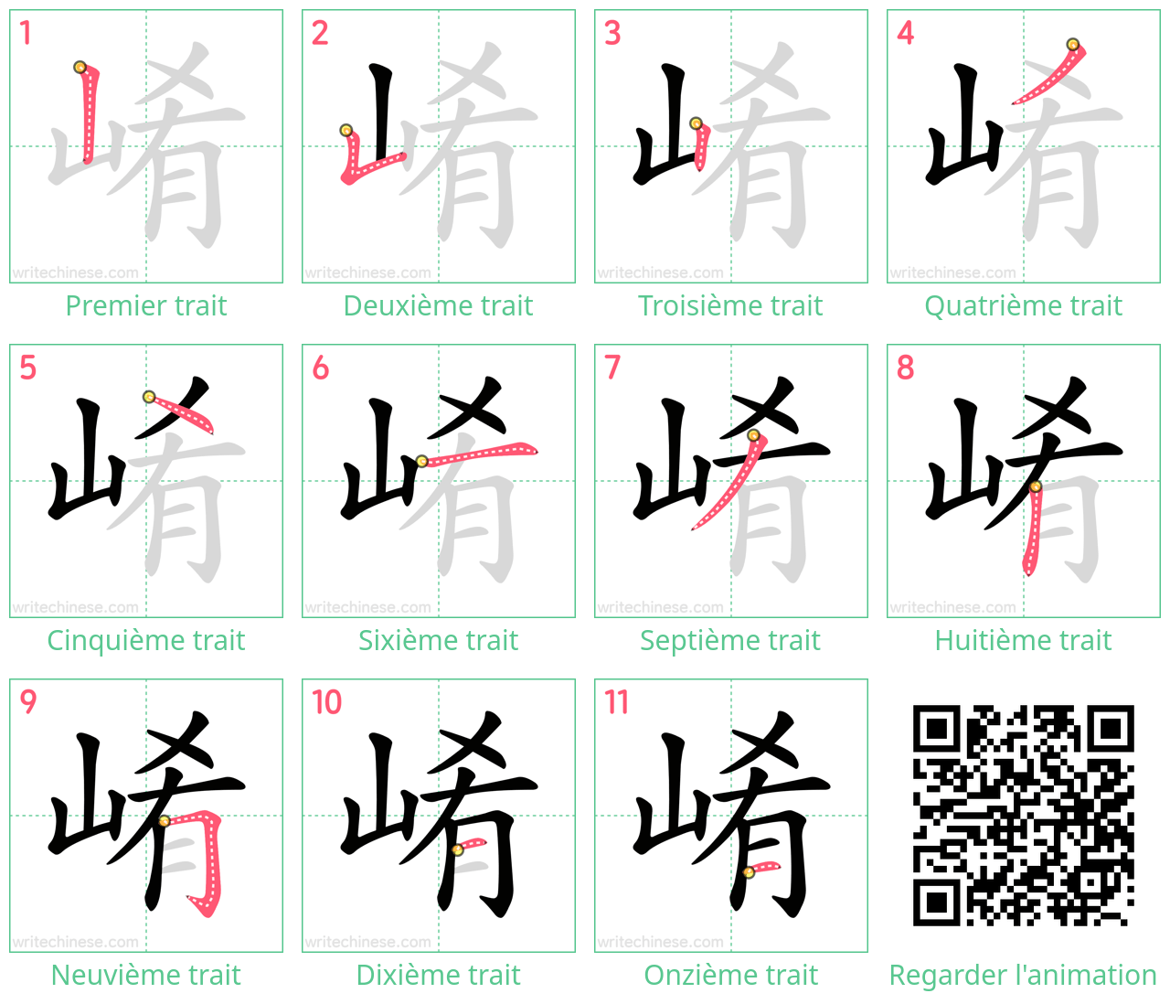 Diagrammes d'ordre des traits étape par étape pour le caractère 崤