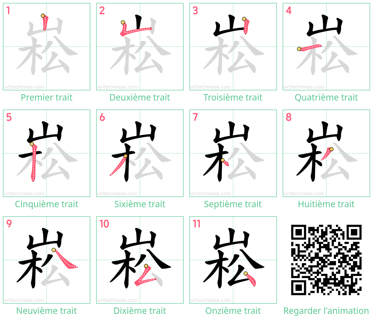 Diagrammes d'ordre des traits étape par étape pour le caractère 崧