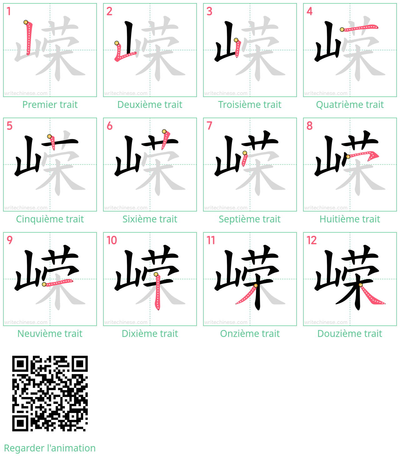 Diagrammes d'ordre des traits étape par étape pour le caractère 嵘