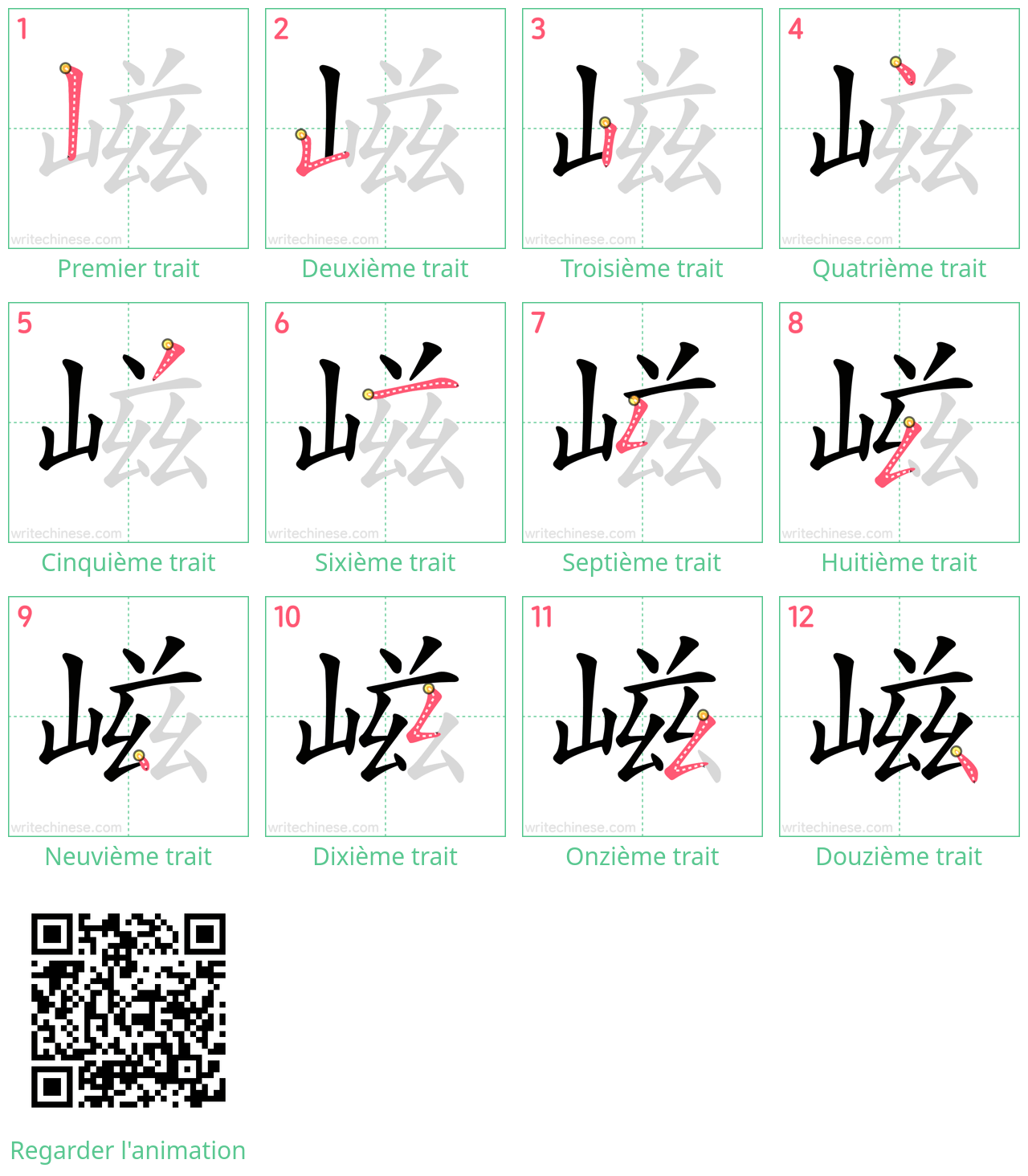 Diagrammes d'ordre des traits étape par étape pour le caractère 嵫