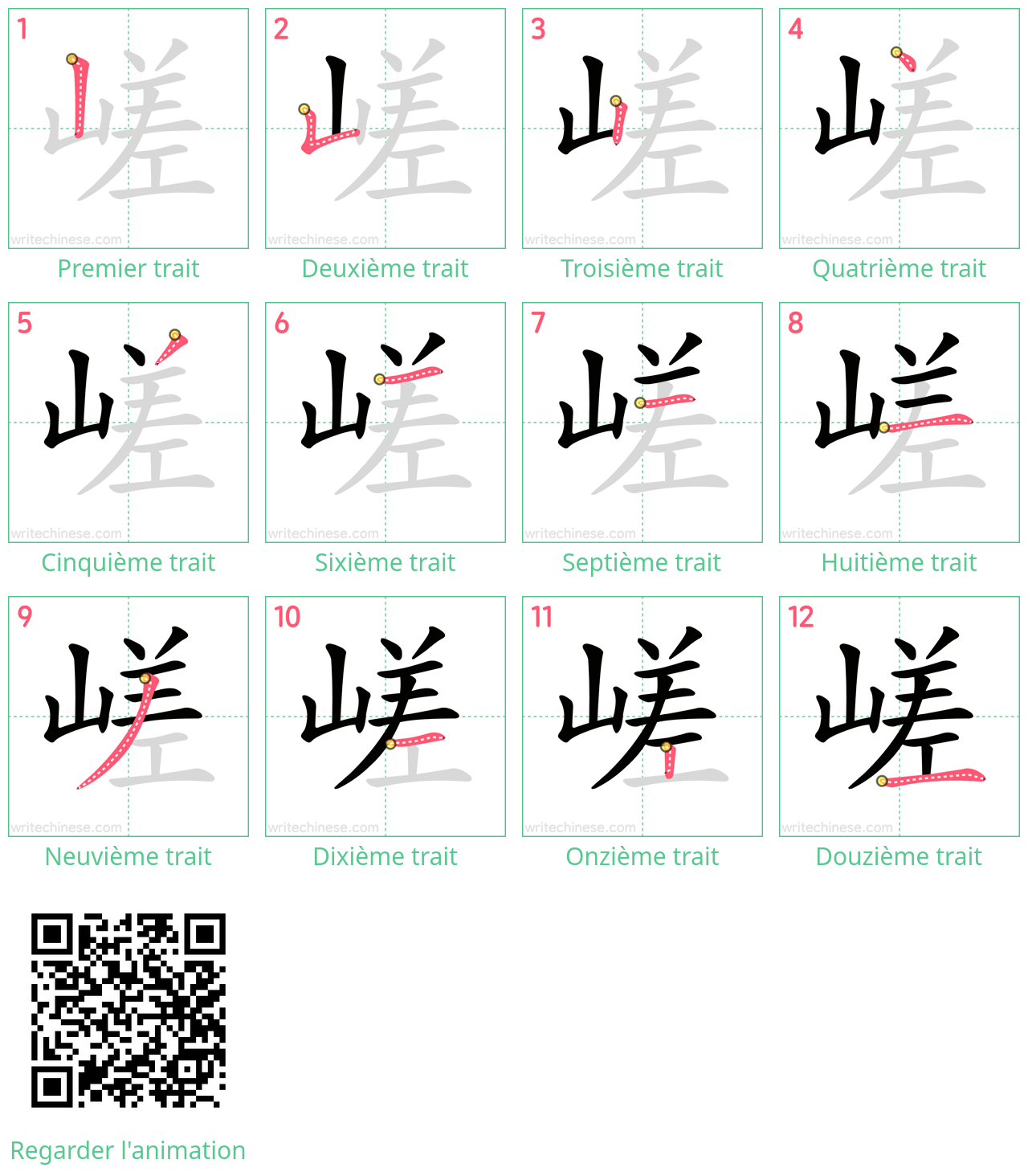 Diagrammes d'ordre des traits étape par étape pour le caractère 嵯