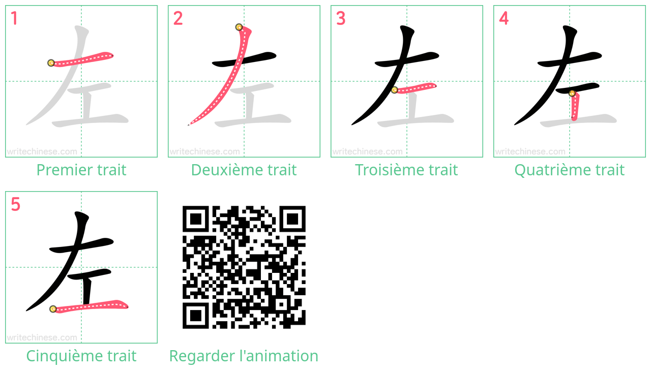 Diagrammes d'ordre des traits étape par étape pour le caractère 左