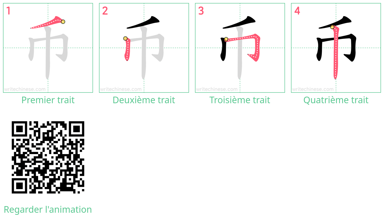 Diagrammes d'ordre des traits étape par étape pour le caractère 币