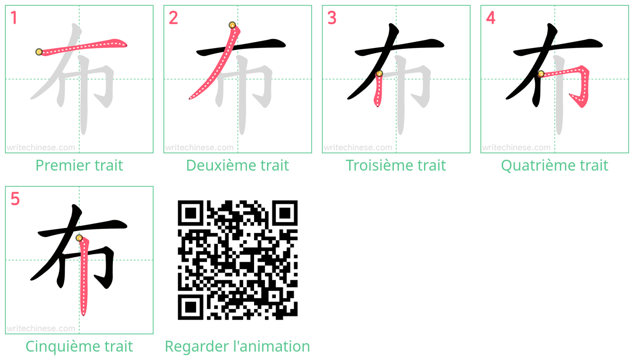 Diagrammes d'ordre des traits étape par étape pour le caractère 布