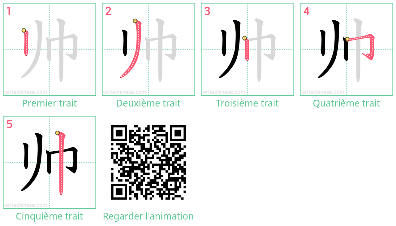 Diagrammes d'ordre des traits étape par étape pour le caractère 帅