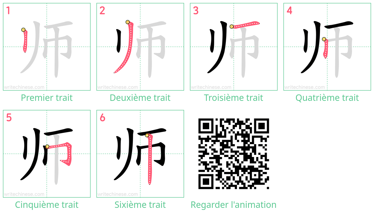 Diagrammes d'ordre des traits étape par étape pour le caractère 师