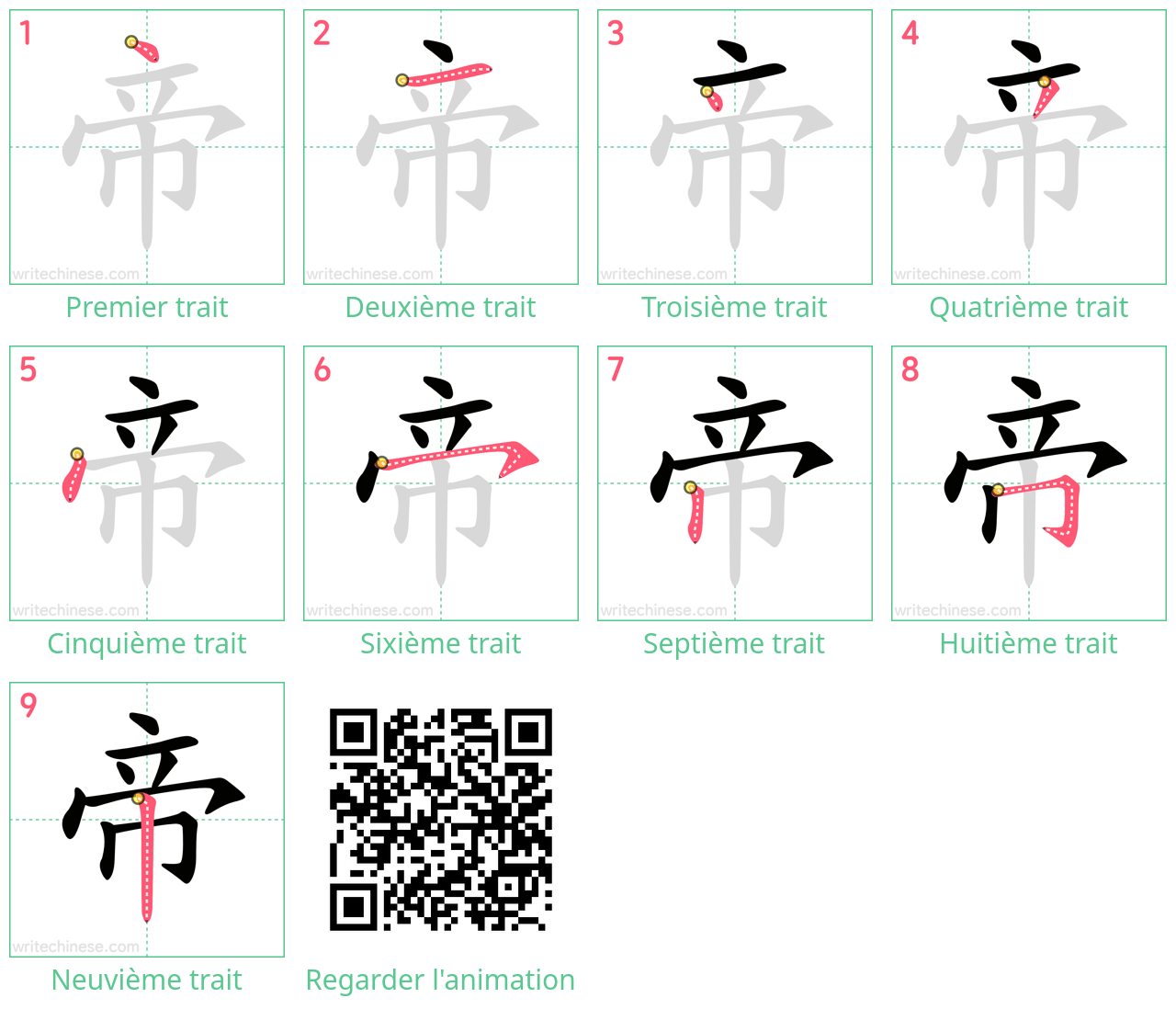 Diagrammes d'ordre des traits étape par étape pour le caractère 帝