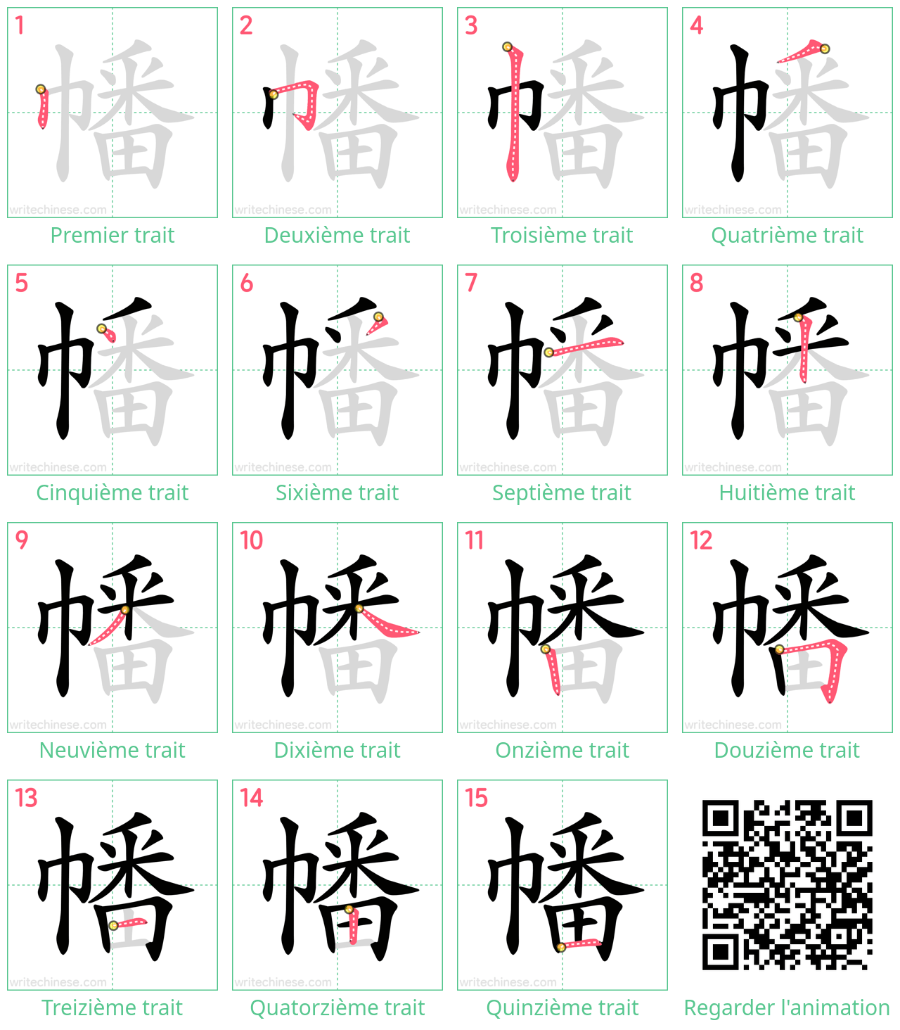 Diagrammes d'ordre des traits étape par étape pour le caractère 幡