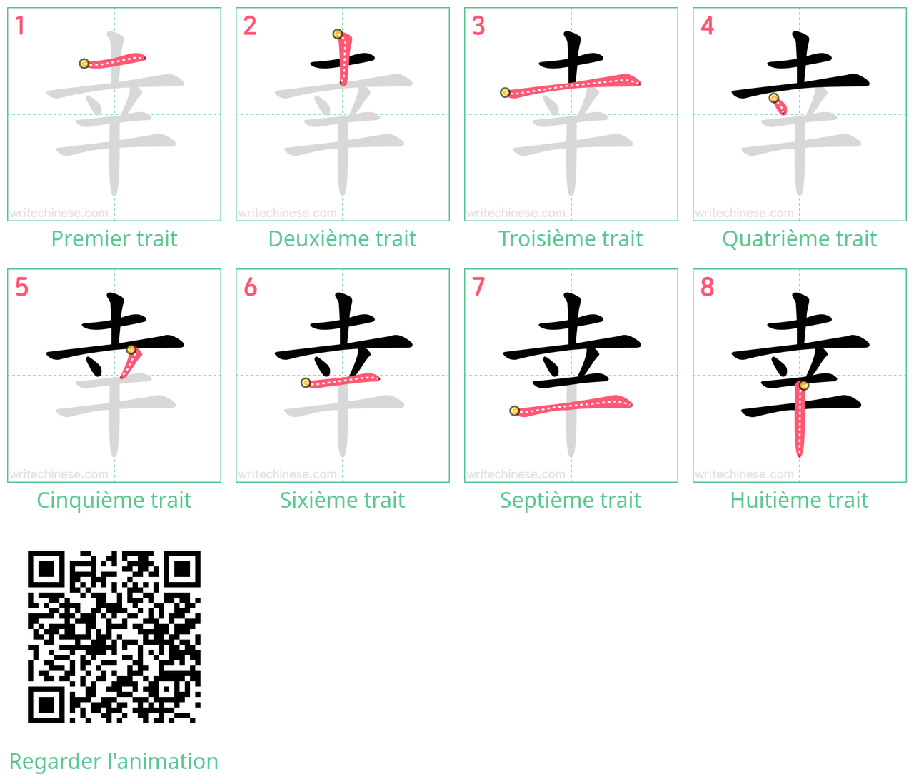 Diagrammes d'ordre des traits étape par étape pour le caractère 幸