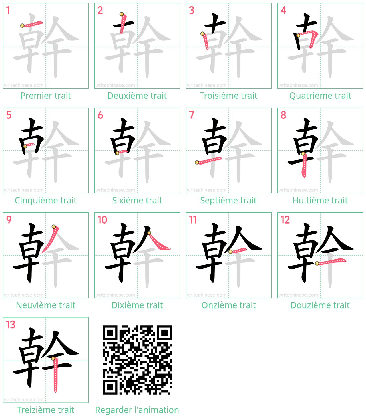 Diagrammes d'ordre des traits étape par étape pour le caractère 幹