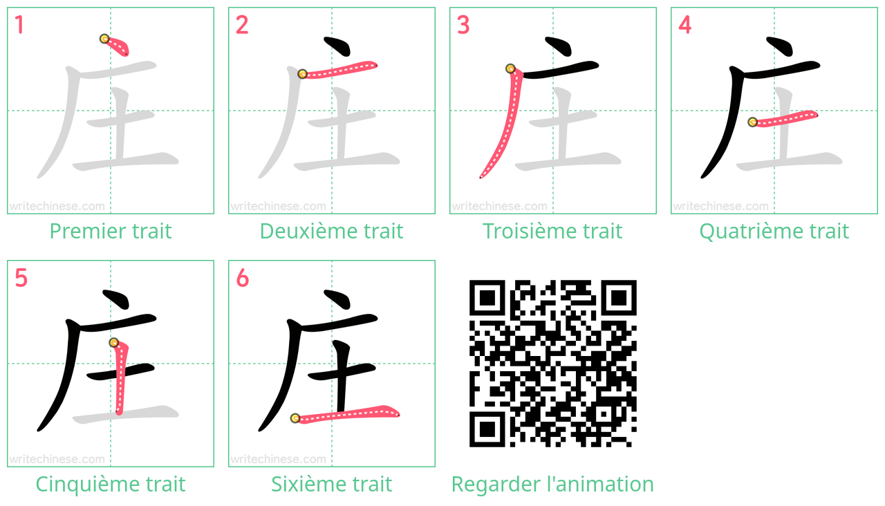 Diagrammes d'ordre des traits étape par étape pour le caractère 庄