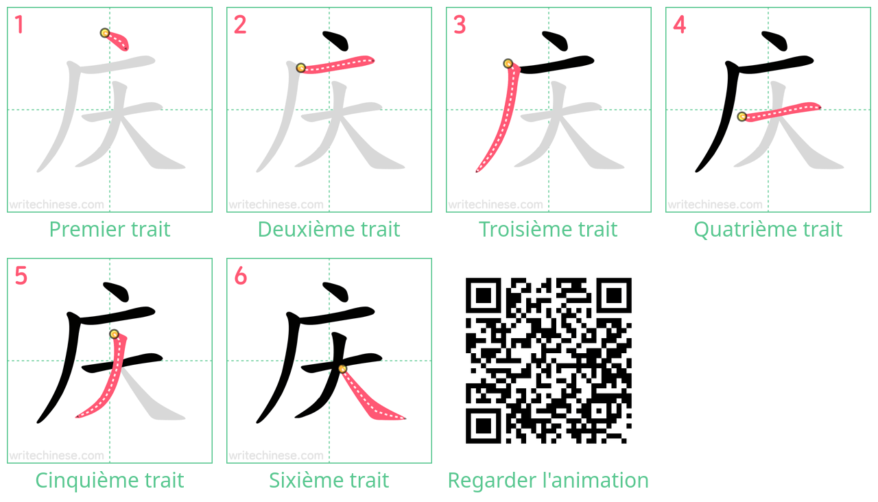 Diagrammes d'ordre des traits étape par étape pour le caractère 庆